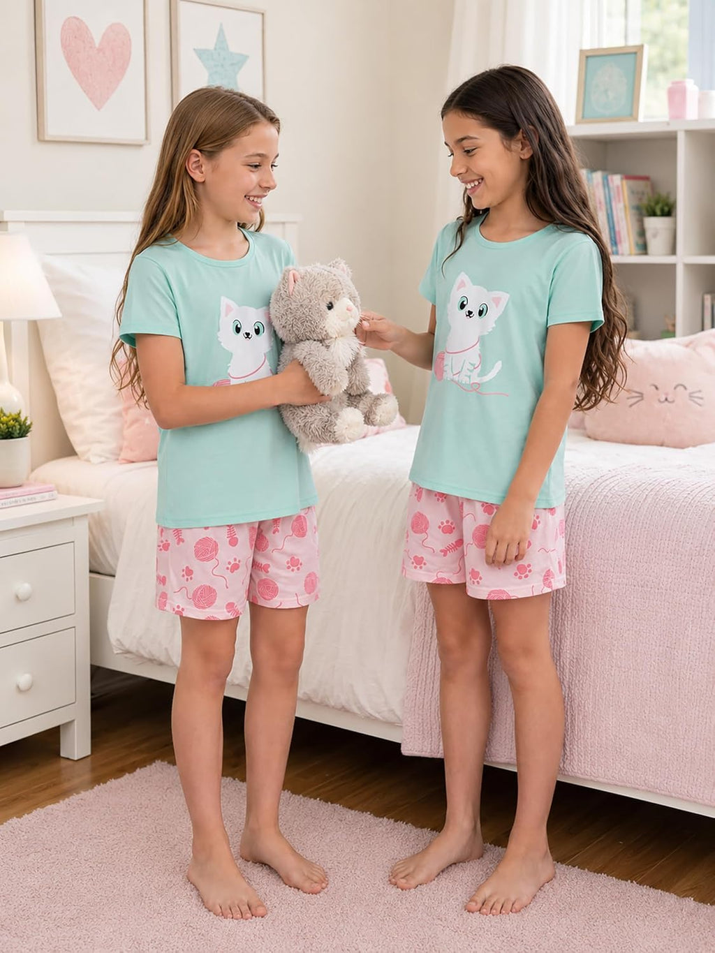 Beezizac Girls Cotton Blend Pajamas Cute Print Short Sleeve Set 4T-18