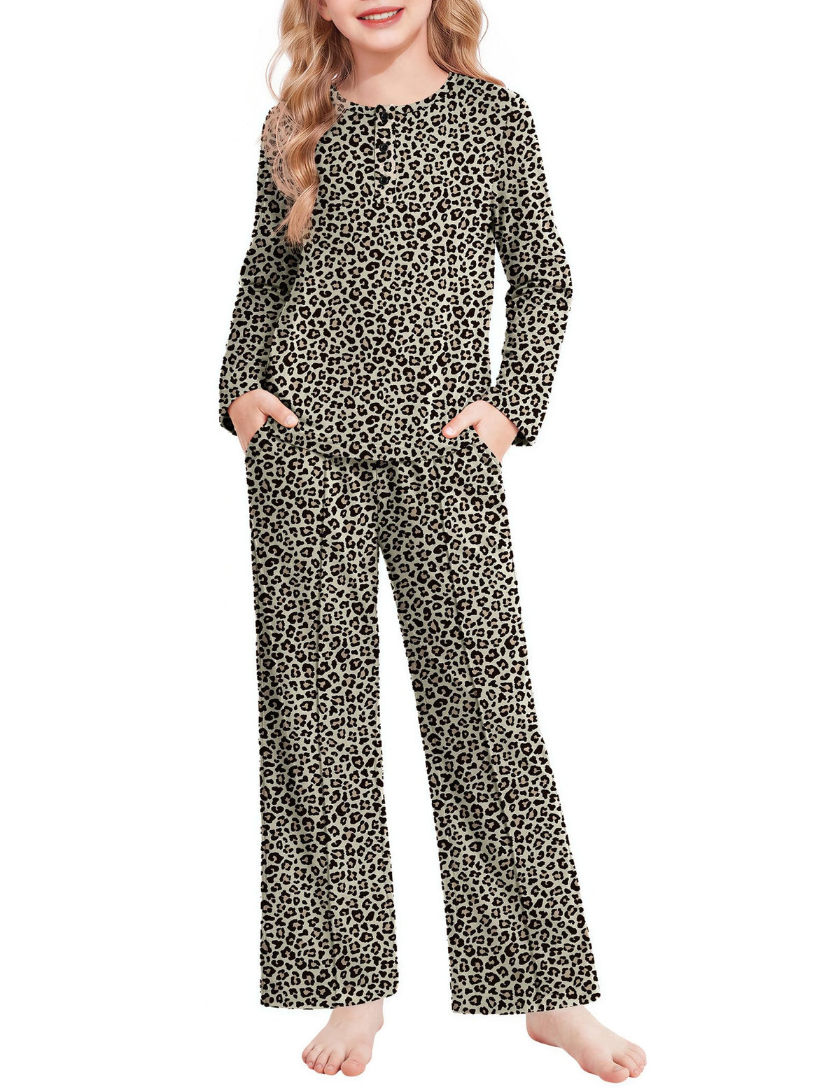 Arshiner Girls Pajamas Long Sleeve Sleepwear Comfy Henley Neck Pjs Set