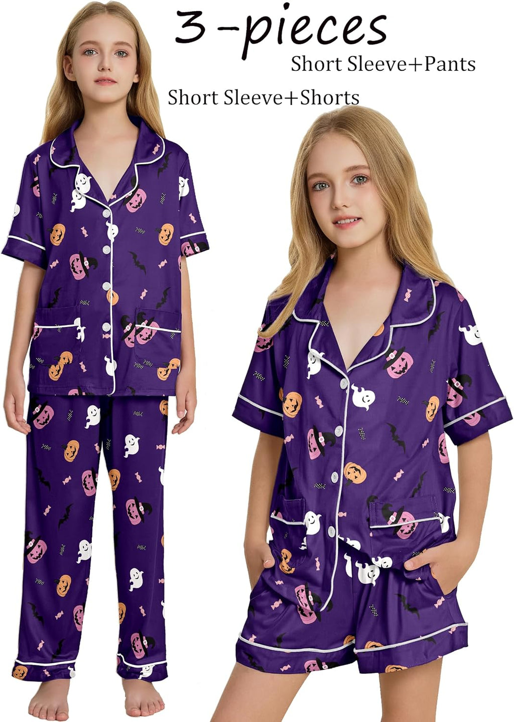 Hupohoi Big Girls 3pcs Button Down Pajama Sets Top with 2 Pockets Sleepwear
