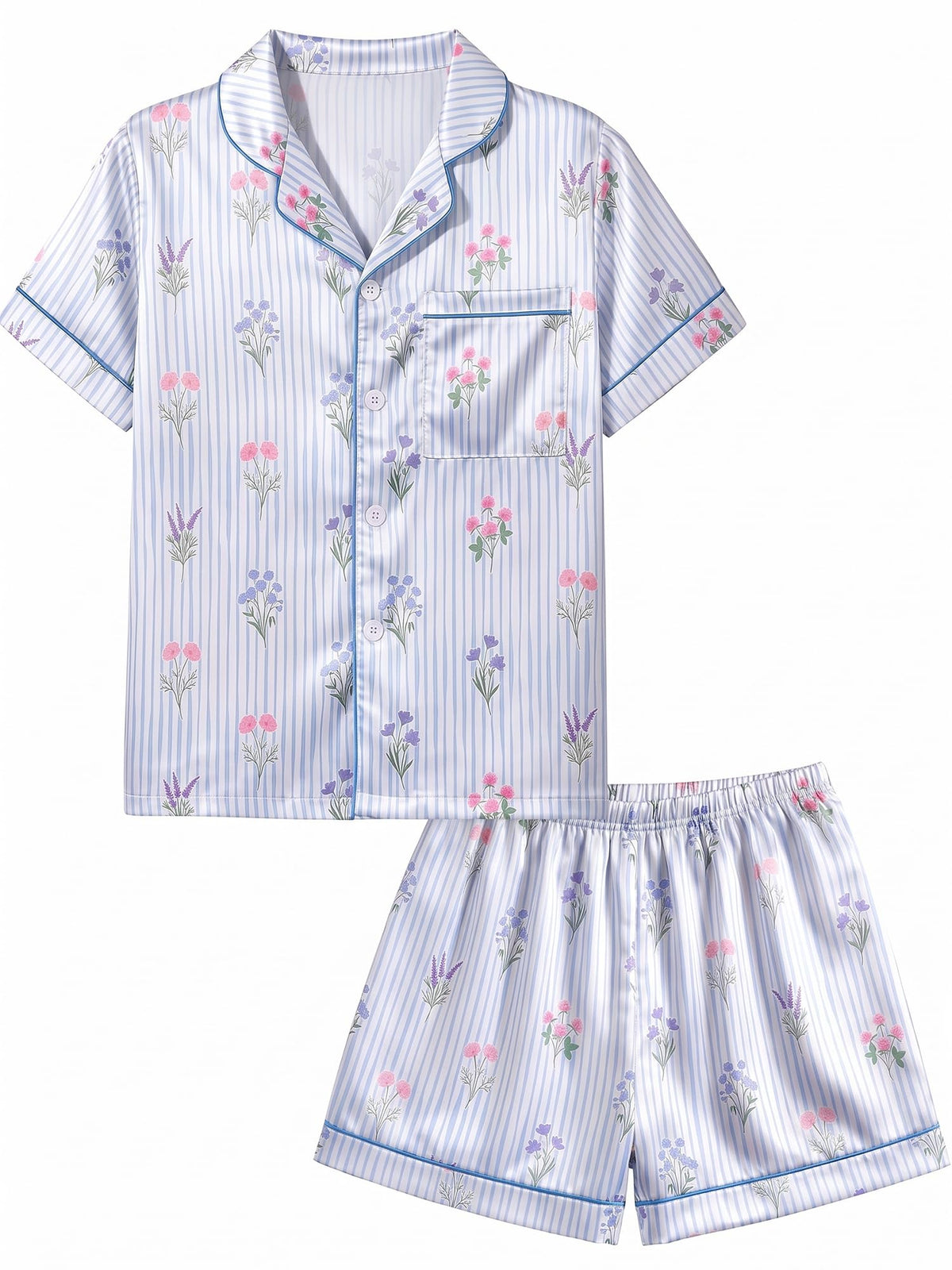 Basumee Girls Satin Pajamas Set, Silky Kids Sleepwear PJs for Teen 8-15Y