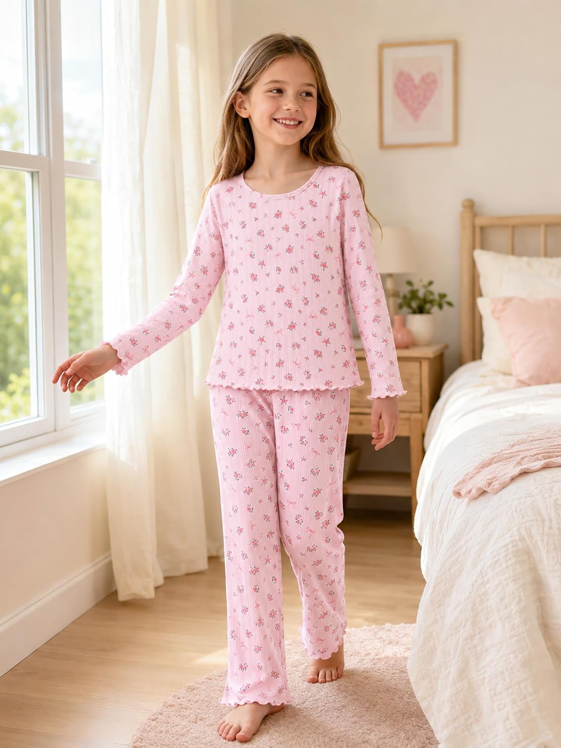 Beezizac Girls Pointelle Pajamas Long Sleeve Wide Leg 2-Piece Set Size 6-18