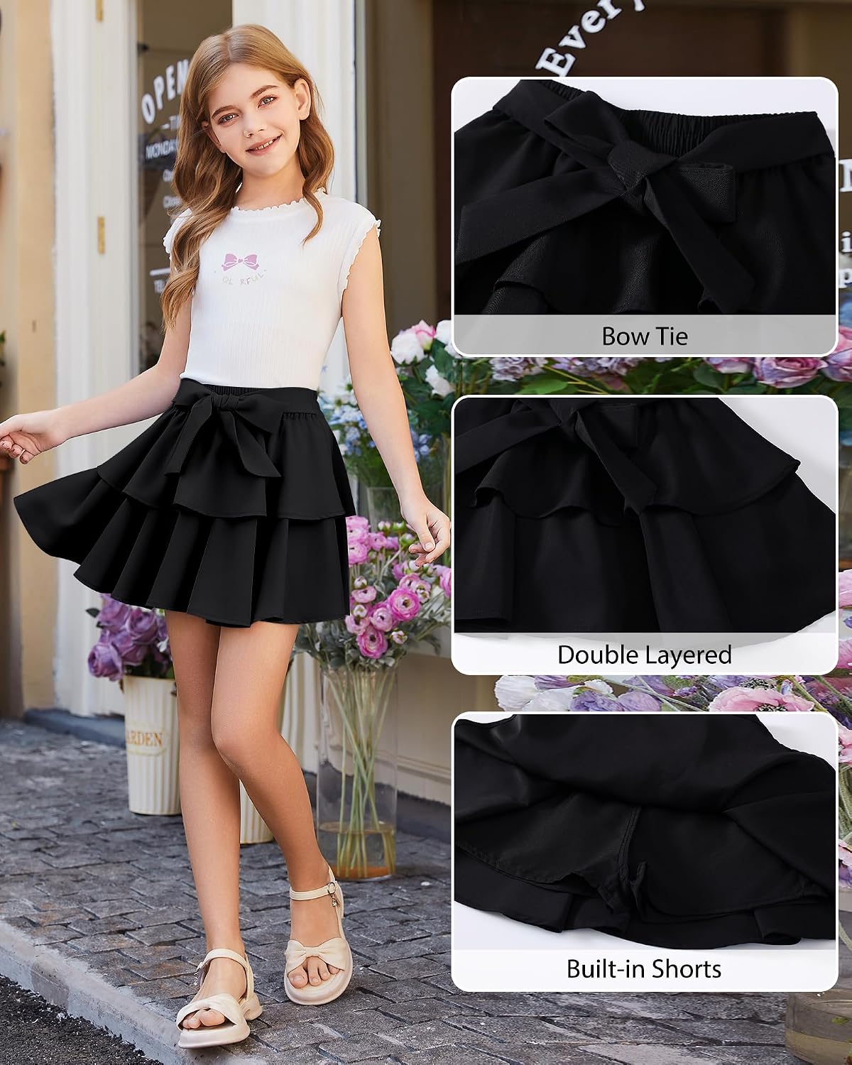 Girls Bow Mini Skirts Kids Elastic High Waisted Ruffle Tiered Skirt Party Dance Layered Skort for Teen 5-14 Years
