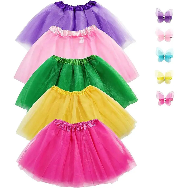 Girls' Sewn 5-Pack Polyester-Elastane 3-Layer Tulle Mini Tutu Skirts with 5 Flower Hairpins, Sweet A-Line Frills, Ballet Dancing Costumes, 12.2 Inch Length, 15"-31" Waist, for 18-24m/3-4 Years/5-8 Years Parties & Dress Up Gifts