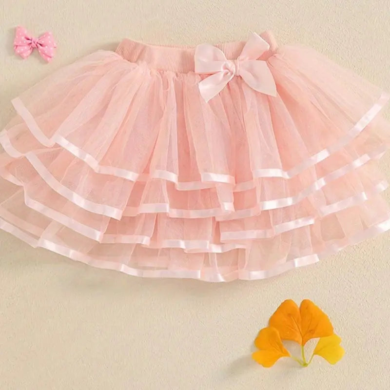 Girl Tutu Skirt Tiered Ruffled Mesh Puffy Drape Hem Bow Elastic Waistband Short Skirt