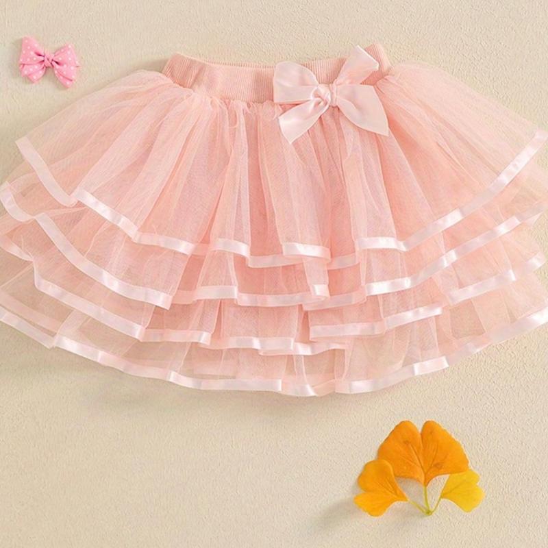 Girl Tutu Skirt Tiered Ruffled Mesh Puffy Drape Hem Bow Elastic Waistband Short Skirt