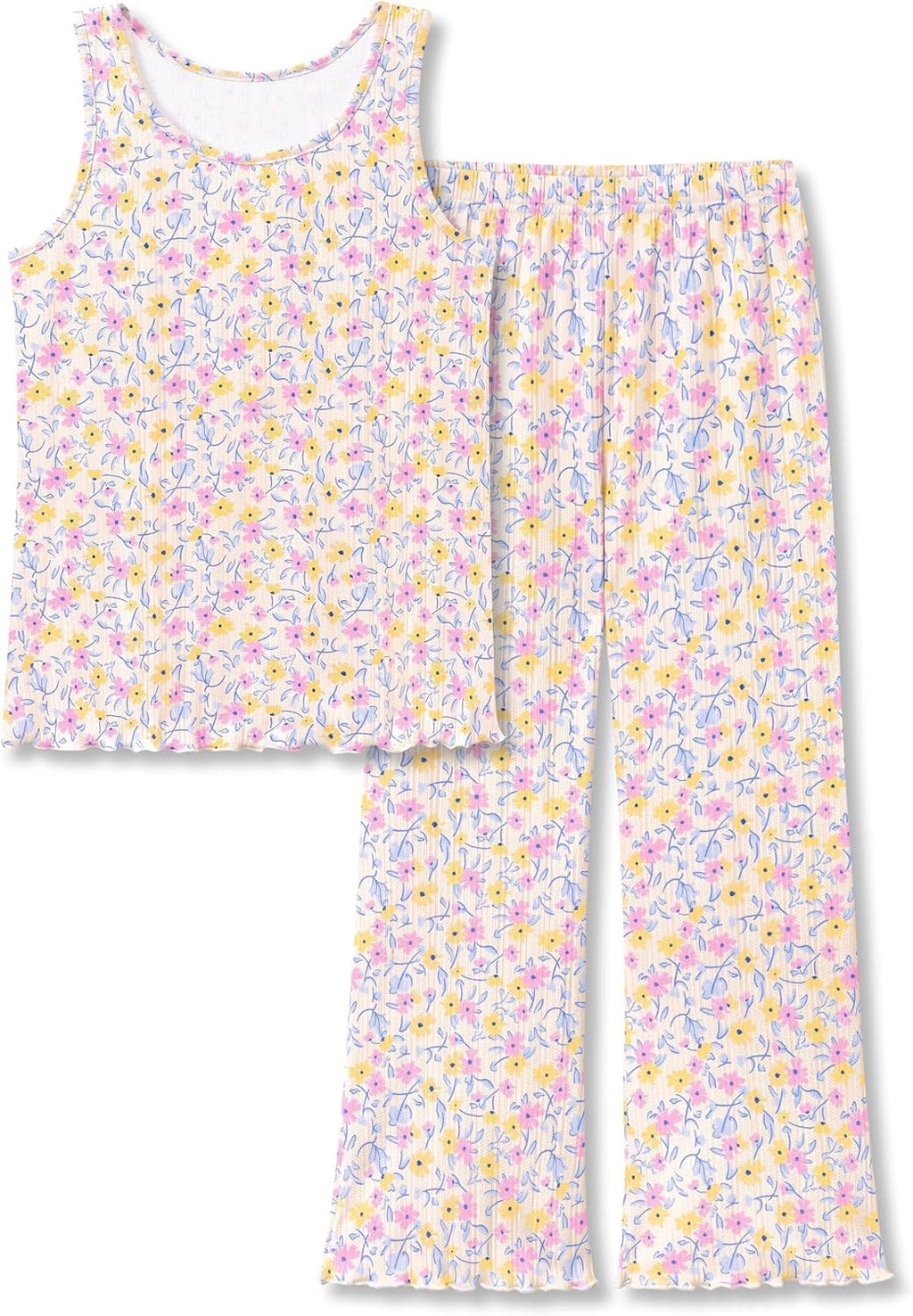 Beezizac Girls Pointelle Pajamas Floral Tank and Wide Leg Pants Size 6-18