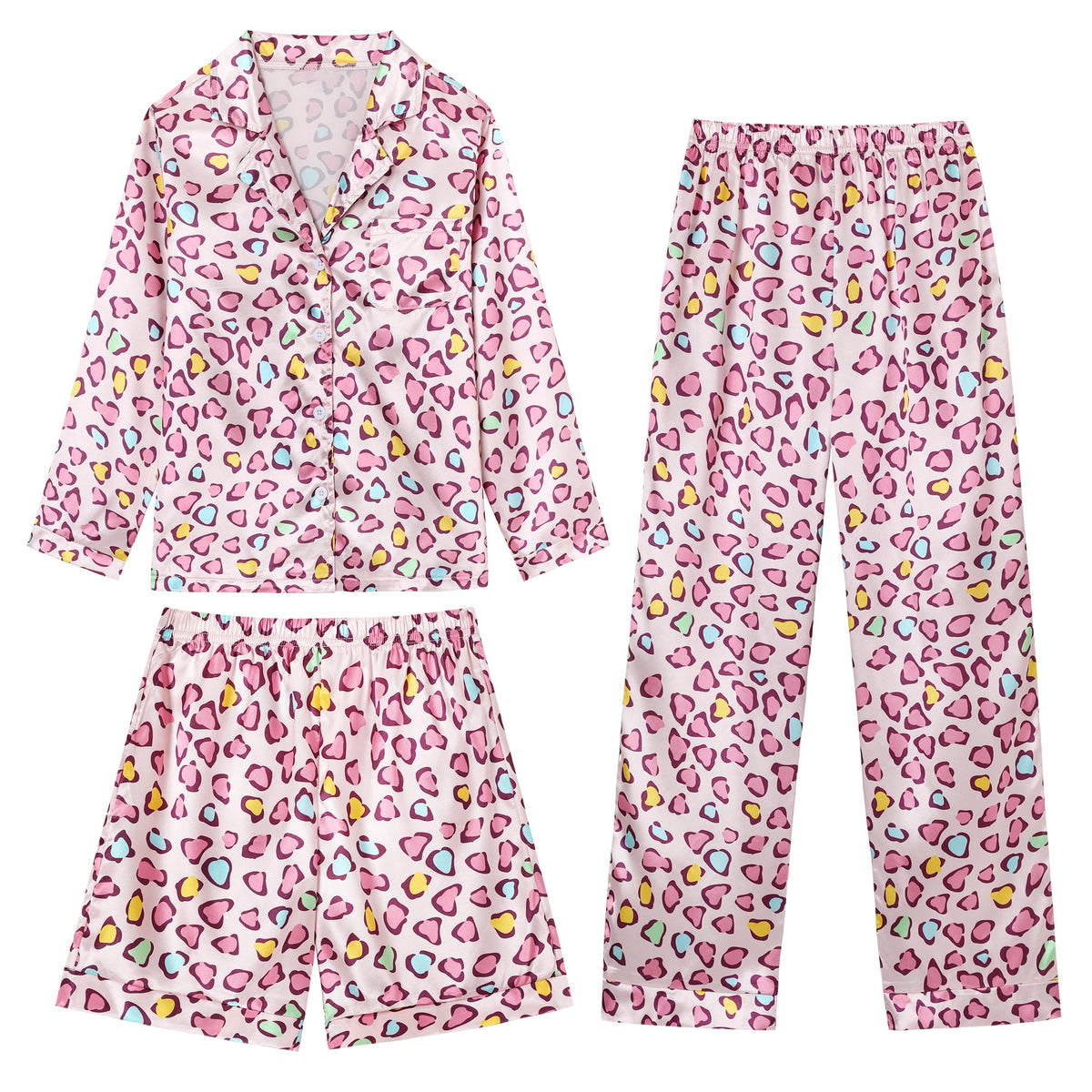 CARETOO Girls Pajamas 3 Piece Satin Long Sleeve Long Pants with Shorts PJs Set for Girls Kids Sleepwear 3-10 Years