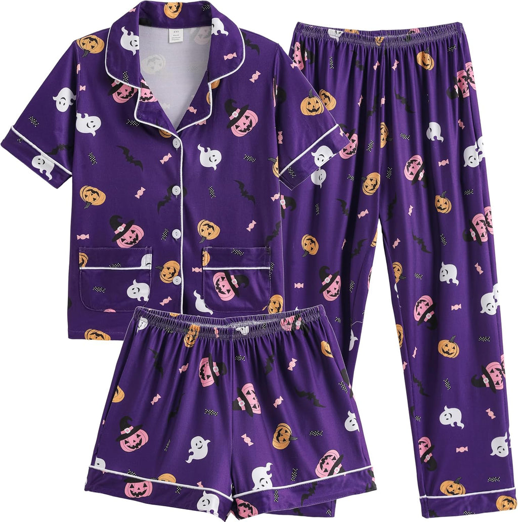 Hupohoi Big Girls 3pcs Button Down Pajama Sets Top with 2 Pockets Sleepwear