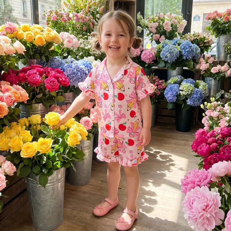 Little Girl Satin Pajamas Set Adorable Back to School Apple Bow Print Short Sleeve Turn Down Collar Tops with Shorts Sleepwear