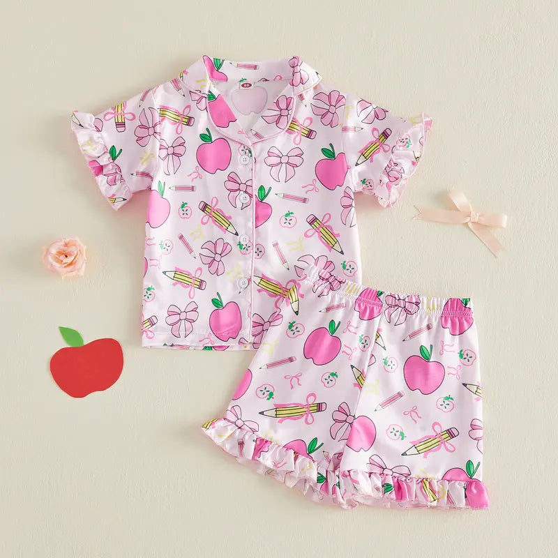 Little Girl Satin Pajamas Set Adorable Back to School Apple Bow Print Short Sleeve Turn Down Collar Tops with Shorts Sleepwear