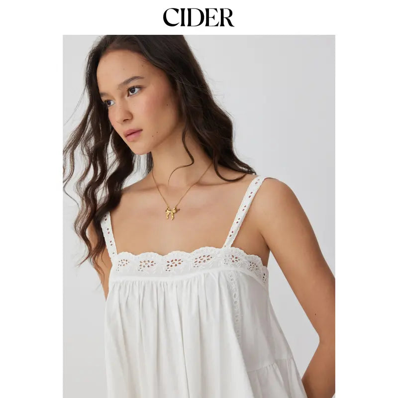 Cider Cotton Square Neck  Eyelet Smock Mini Nightdress