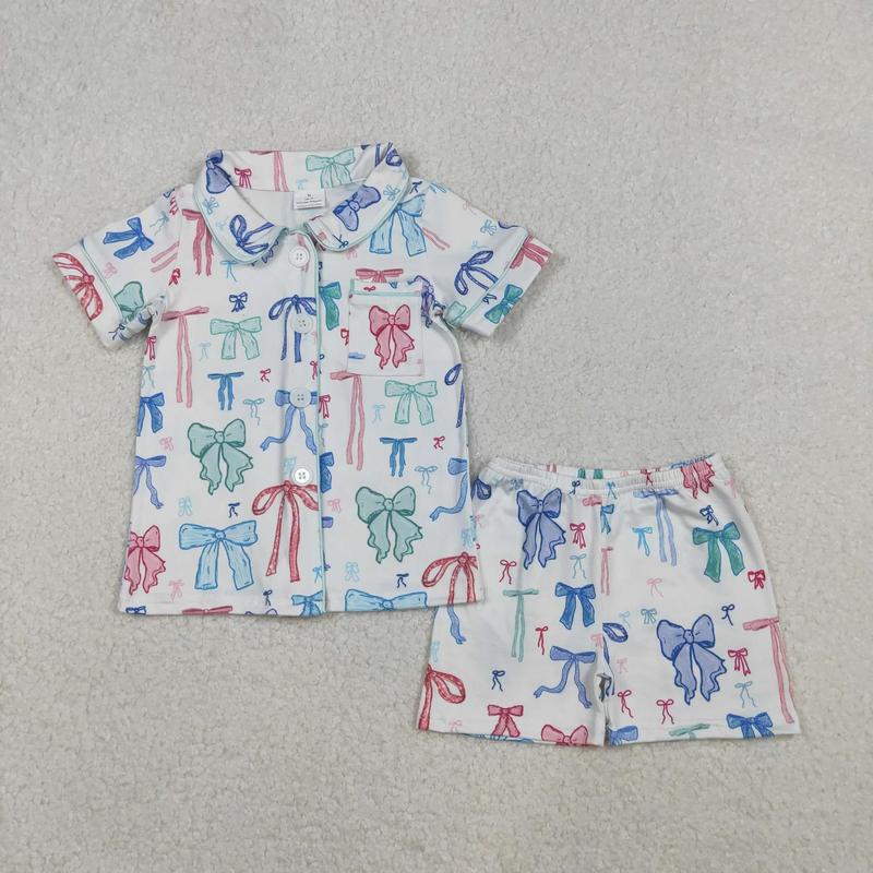 Leopard Print Pajama Set for Girls Ages 3-8T, 2-Piece Short Sleeve Cotton Blend Summer Sleepwear with Pockets & Bow, Girly Pajama Sets, Child Size Pajama Sets