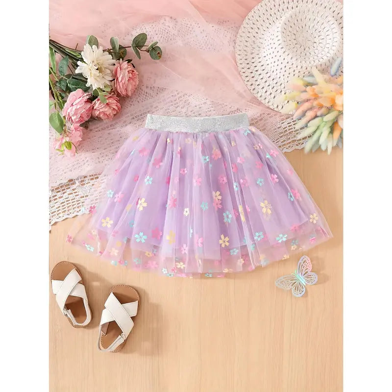 Girls' Sunflower Print Short Pleated Mesh Tutu Skirt - Elastic Waistband, Breathable Fabric, Princess Silhouette, All-Season Skirt for Festival, Birthday Party