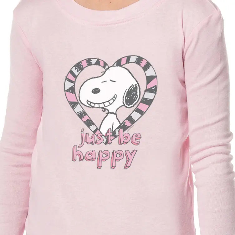 Peanuts Girls' Pink Snoopy Long Sleeve Elastic Waist Casual Comfy Pajama Outfit, Kids' Sleepwear Pajamas with "Just Be Happy" Design