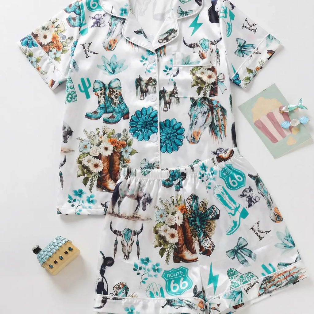 Girls' Satin Pajama Set 2 Piece, Sleepwear Set, Pj Sets, Pajama Clothes, Western Retro All over Print, Slim Fit Short Sleeve Cardigan & Elastic Waist Shorts, Breathable Fabric