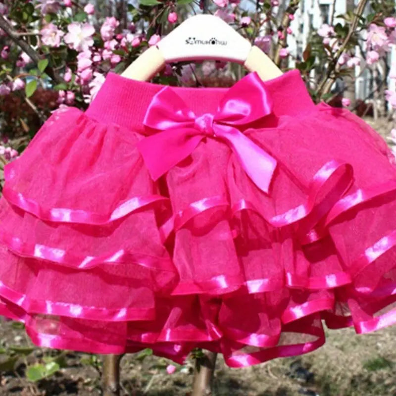 Girl Tutu Skirt Tiered Ruffled Mesh Puffy Drape Hem Bow Elastic Waistband Short Skirt