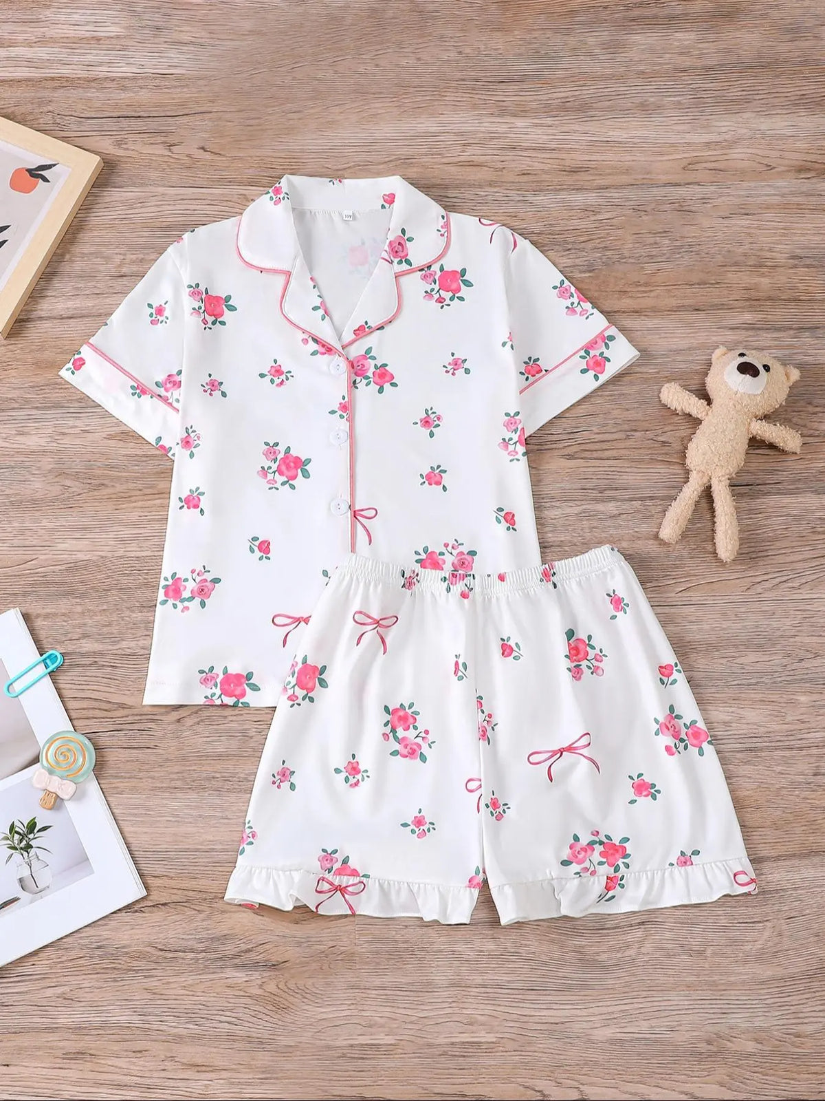 Girl's Cherry Print Top & Shorts Pyjama Two-piece Set, Cute Comfy Short Sleeve Top & Shorts Set, Kids Sleepwear for All Seasons, Matching Pajama Set, Fruit Print Pajamas, Love Print Sleepwear, Summer Pjs, Casual Comfy Pyjama, Pj Sets, Pyjamas Set