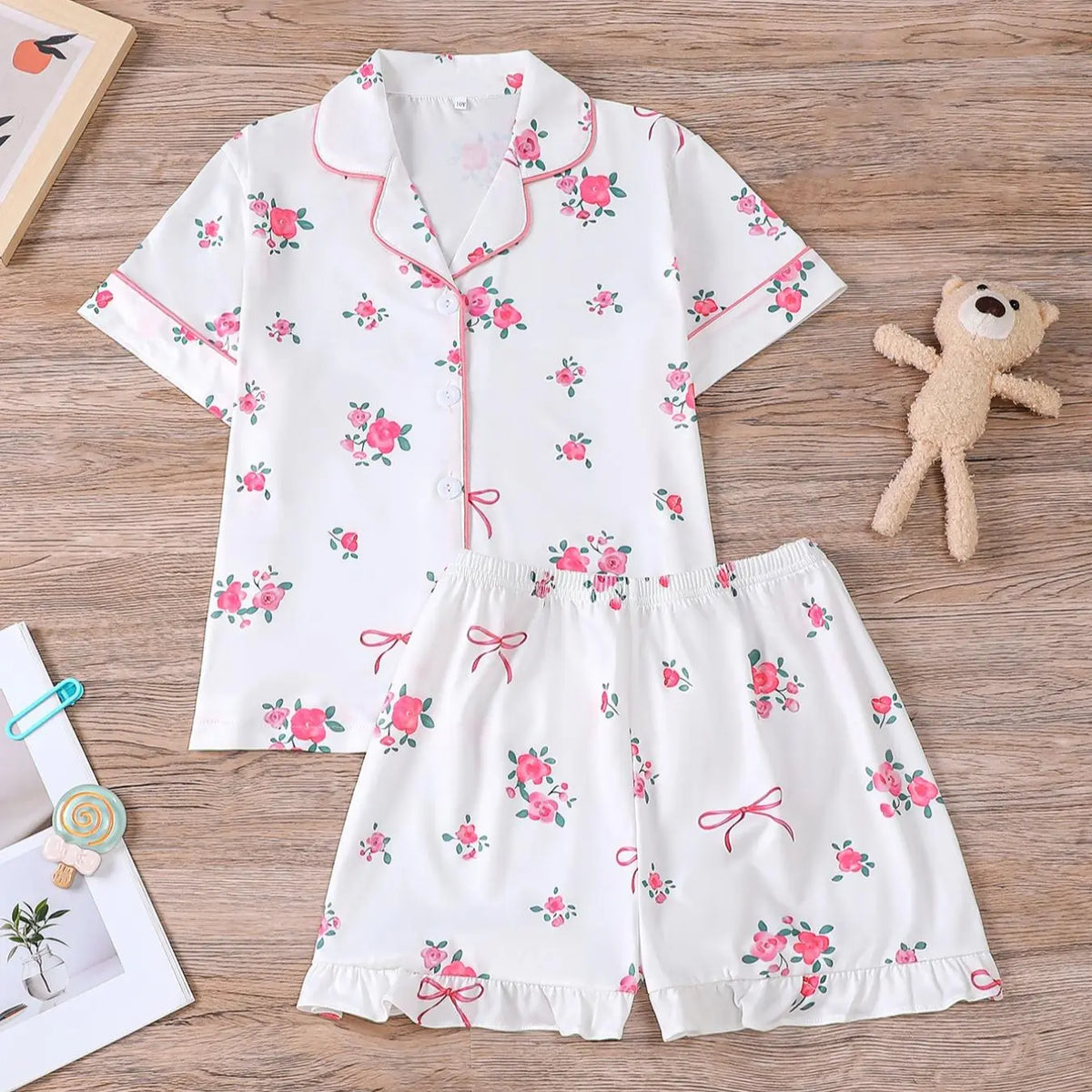 Girl's Cherry Print Top & Shorts Pyjama Two-piece Set, Cute Comfy Short Sleeve Top & Shorts Set, Kids Sleepwear for All Seasons, Matching Pajama Set, Fruit Print Pajamas, Love Print Sleepwear, Summer Pjs, Casual Comfy Pyjama, Pj Sets, Pyjamas Set