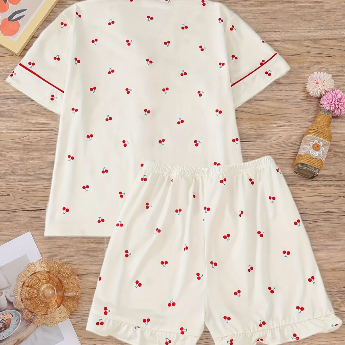 Girl's Cherry Print Top & Shorts Pyjama Two-piece Set, Cute Comfy Short Sleeve Top & Shorts Set, Kids Sleepwear for All Seasons, Matching Pajama Set, Fruit Print Pajamas, Love Print Sleepwear, Summer Pjs, Casual Comfy Pyjama, Pj Sets, Pyjamas Set