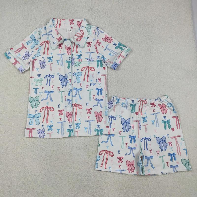 Leopard Print Pajama Set for Girls Ages 3-8T, 2-Piece Short Sleeve Cotton Blend Summer Sleepwear with Pockets & Bow, Girly Pajama Sets, Child Size Pajama Sets