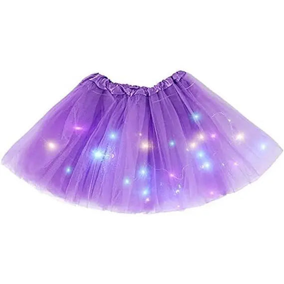 Girls' LED Light-Up Tulle Ruffle Frill Princess Skirt - 100% Soft Polyester A-Line Mini, Elastic Band, On-Off Switch, Dance Party Ballet Costume, Indoor-Outdoor, Birthday Gift for Ages 2-8