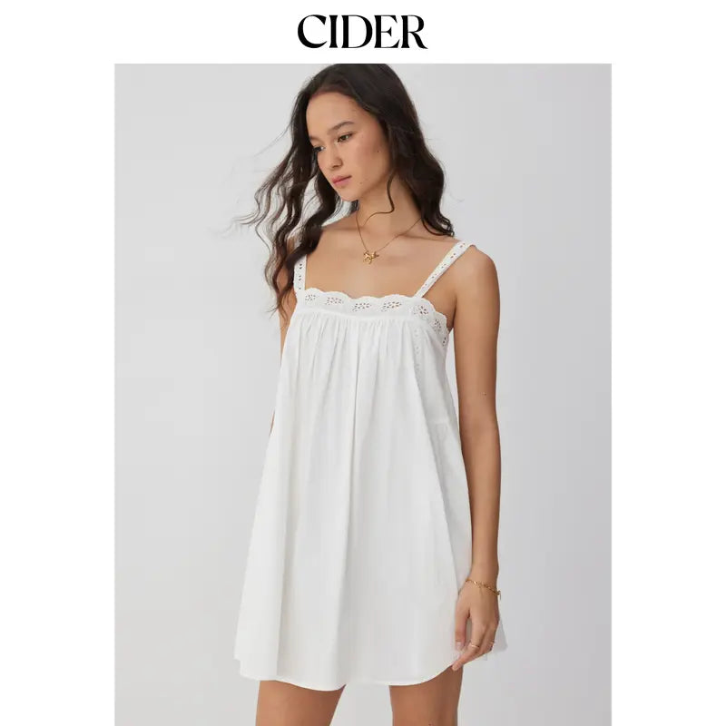 Cider Cotton Square Neck  Eyelet Smock Mini Nightdress