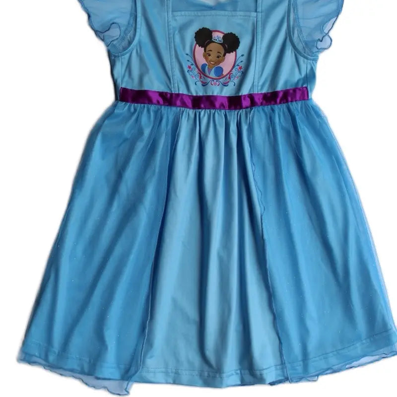 Princess Netta Blue Sleep Dress for Little Girls with African American Princess Design, Purple Ribbon & Tulle Overlay Nightgown Pastel Cute Pajamas