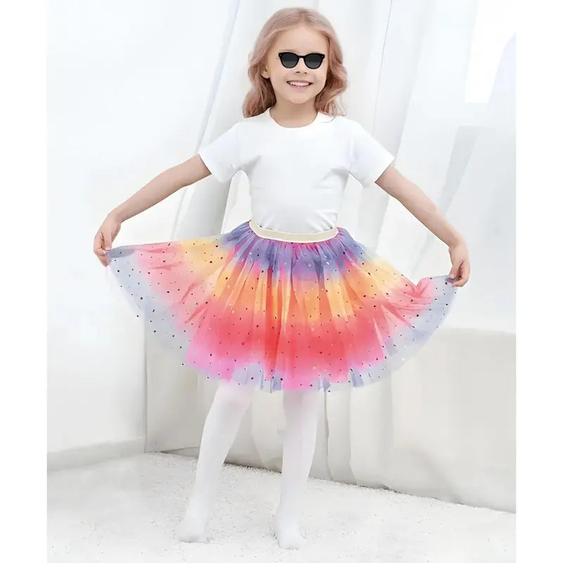 KF5-CPA025 Girls Layered Rainbow Tutu Skirt Dance Dress Ruffle Tiered Clubwear