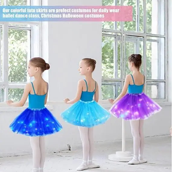 Girls' LED Light-Up Tulle Ruffle Frill Princess Skirt - 100% Soft Polyester A-Line Mini, Elastic Band, On-Off Switch, Dance Party Ballet Costume, Indoor-Outdoor, Birthday Gift for Ages 2-8