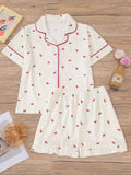 Girl's Cherry Print Top & Shorts Pyjama Two-piece Set, Cute Comfy Short Sleeve Top & Shorts Set, Kids Sleepwear for All Seasons, Matching Pajama Set, Fruit Print Pajamas, Love Print Sleepwear, Summer Pjs, Casual Comfy Pyjama, Pj Sets, Pyjamas Set