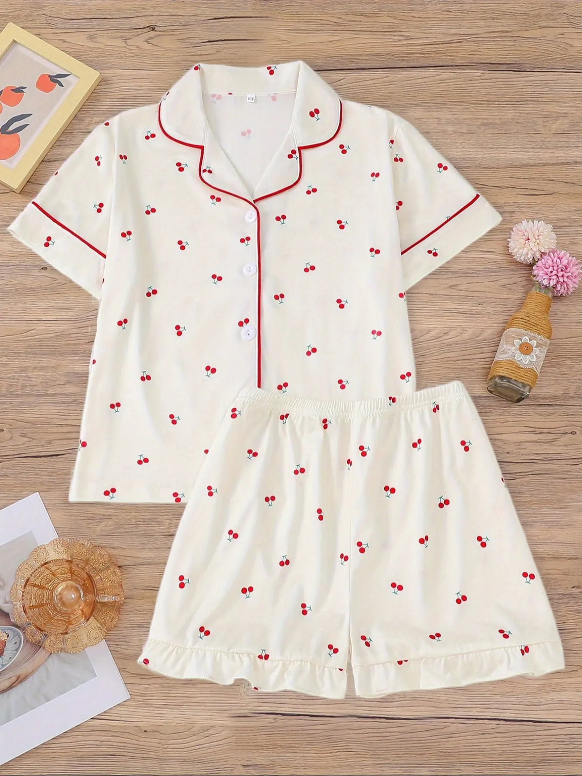 Girl's Cherry Print Top & Shorts Pyjama Two-piece Set, Cute Comfy Short Sleeve Top & Shorts Set, Kids Sleepwear for All Seasons, Matching Pajama Set, Fruit Print Pajamas, Love Print Sleepwear, Summer Pjs, Casual Comfy Pyjama, Pj Sets, Pyjamas Set