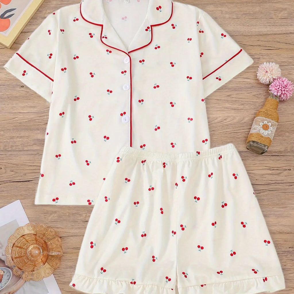 Girl's Cherry Print Top & Shorts Pyjama Two-piece Set, Cute Comfy Short Sleeve Top & Shorts Set, Kids Sleepwear for All Seasons, Matching Pajama Set, Fruit Print Pajamas, Love Print Sleepwear, Summer Pjs, Casual Comfy Pyjama, Pj Sets, Pyjamas Set