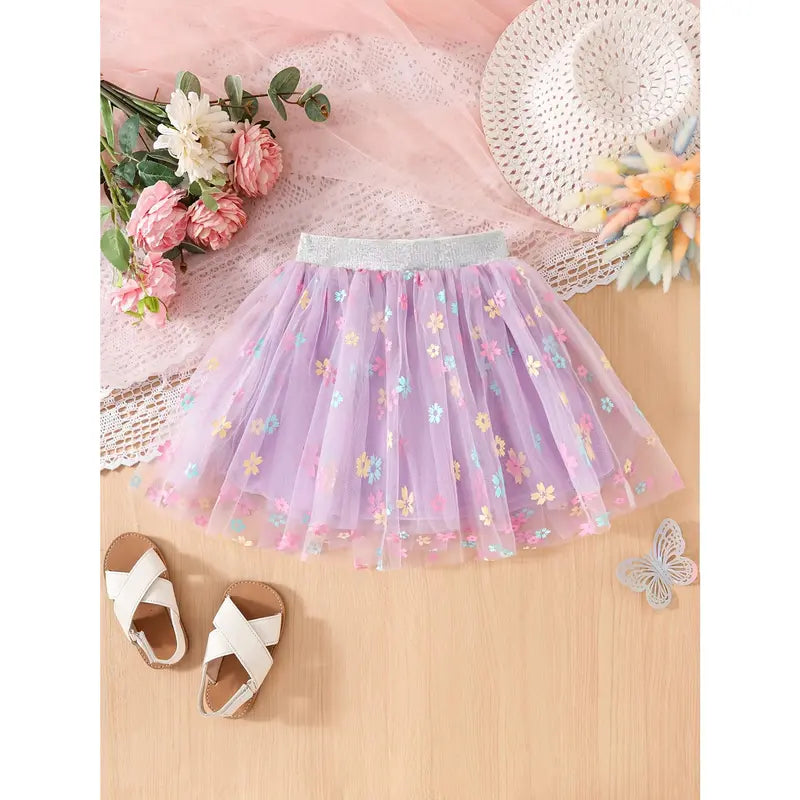 Girls' Sunflower Print Short Pleated Mesh Tutu Skirt - Elastic Waistband, Breathable Fabric, Princess Silhouette, All-Season Skirt for Festival, Birthday Party