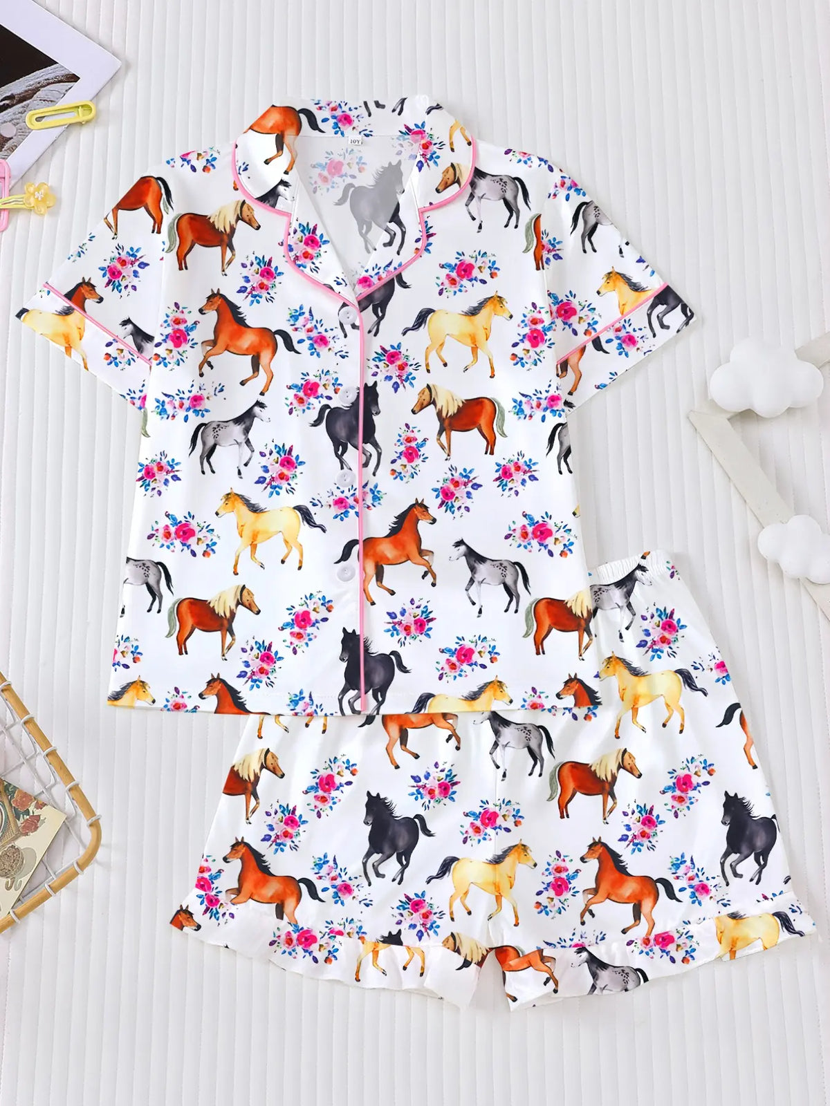 Girl's Horse And Floral Print Top & Shorts Pajama, Casual Comfy Cute Short Sleeve Top & Shorts Set, Kids Sleepwear for Summer Summer Pjs, Pj Sets