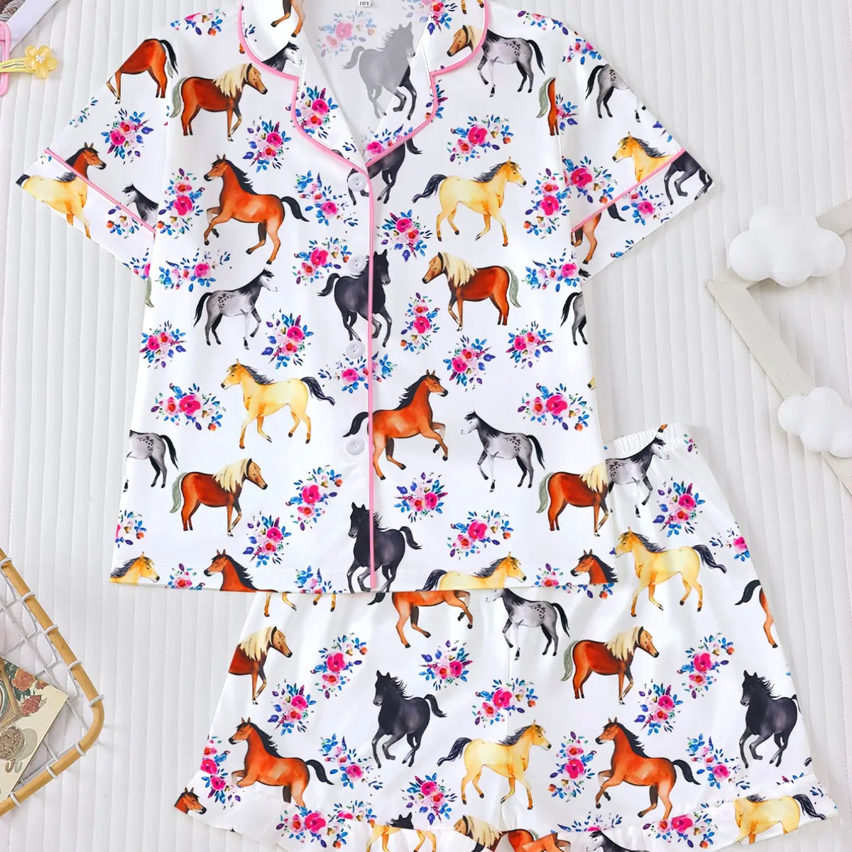 Girl's Horse And Floral Print Top & Shorts Pajama, Casual Comfy Cute Short Sleeve Top & Shorts Set, Kids Sleepwear for Summer Summer Pjs, Pj Sets