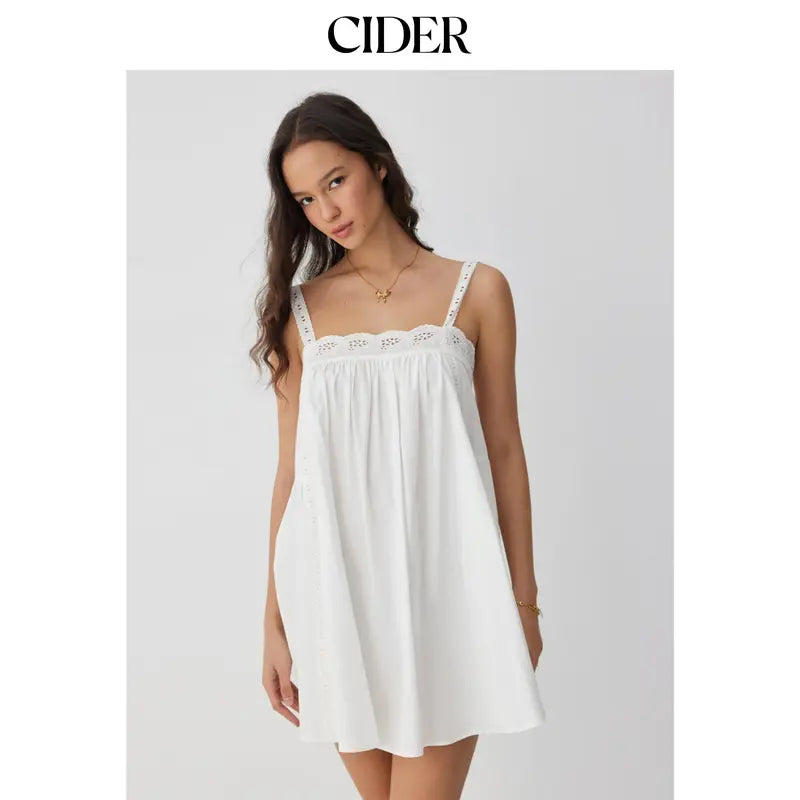 Cider Cotton Square Neck  Eyelet Smock Mini Nightdress