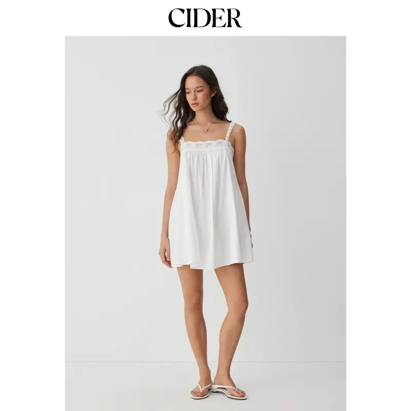 Cider Cotton Square Neck  Eyelet Smock Mini Nightdress