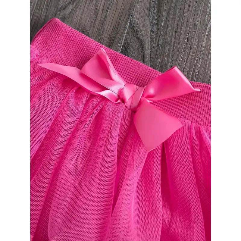 Girls' Polyester Woven Puffy Bow Cake Skirt - Plain, Bubble-Hem, Fairy Style, Non-Stretch, Regular Fit, Casual All-Season Kids' Fashion Skirt (7-8y)