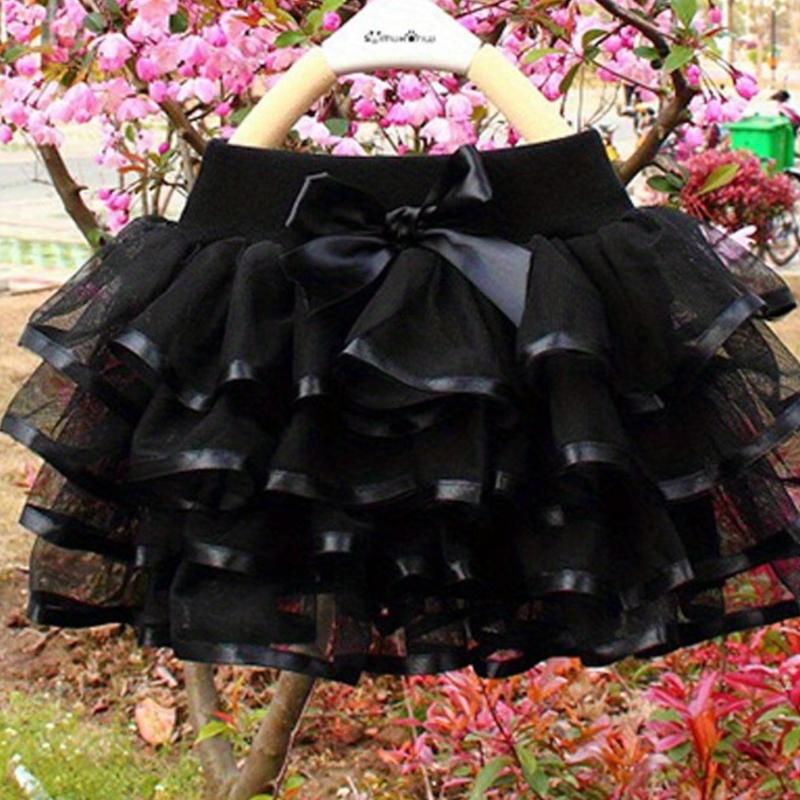 Girl Tutu Skirt Tiered Ruffled Mesh Puffy Drape Hem Bow Elastic Waistband Short Skirt
