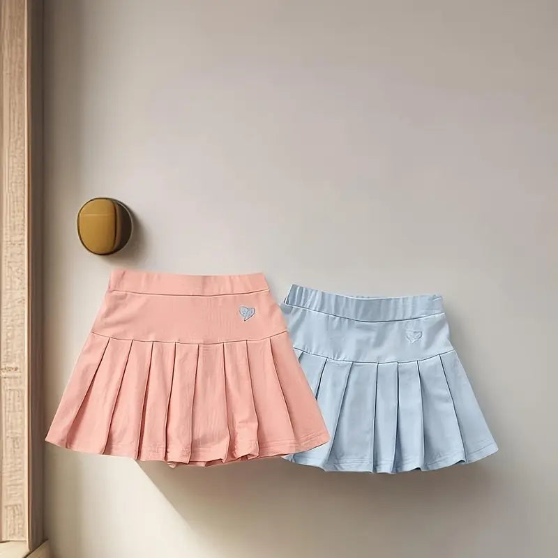 2pcs Girls' Casual Skirt Shorts with Safety Elastic Waistband - Machine Washable Solid Color Skirt Shorts Toddlers & Kids, Breathable Outfit